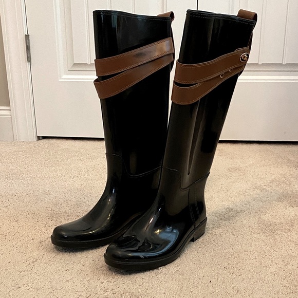 Coach Talia Rain Boots Black Rubber Saddle Brown Leather Straps Women's Size 8 - Picture 1 of 9